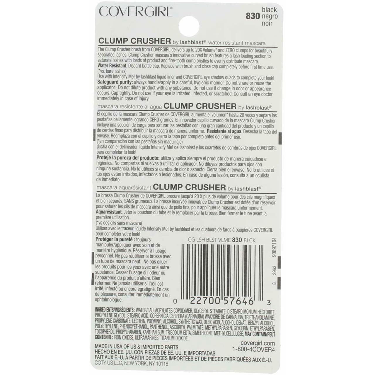 CoverGirl LashBlast Clump Crusher Water Resistant Mascara, Black [830] 0.44 oz (Pack of 5)