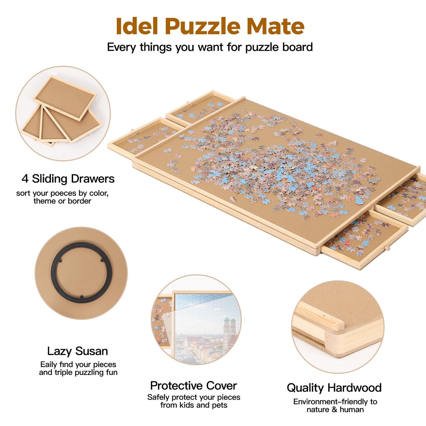 Panana Puzzle Locker 1000 Piece Rotating Board – 30"x22" Wooden Puzzle Table with 4 Drawers & Cover, Portable Lazy Susan Jigsaw Gift