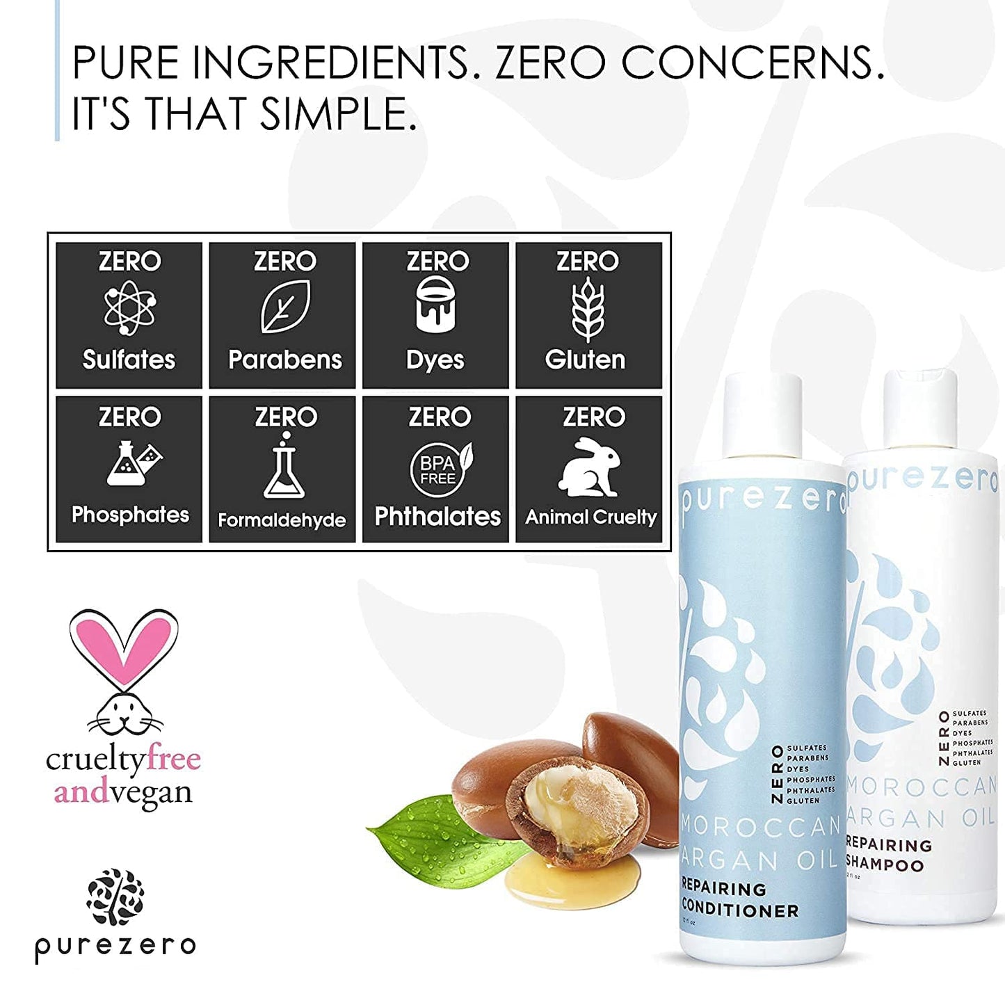 Purezero Moroccan Argan Oil Shampoo & Conditioner set - Repair Damaged Hair - Fight Dandruff & Frizz - Zero Sulfates, Parabens, Dyes, Gluten - Vegan