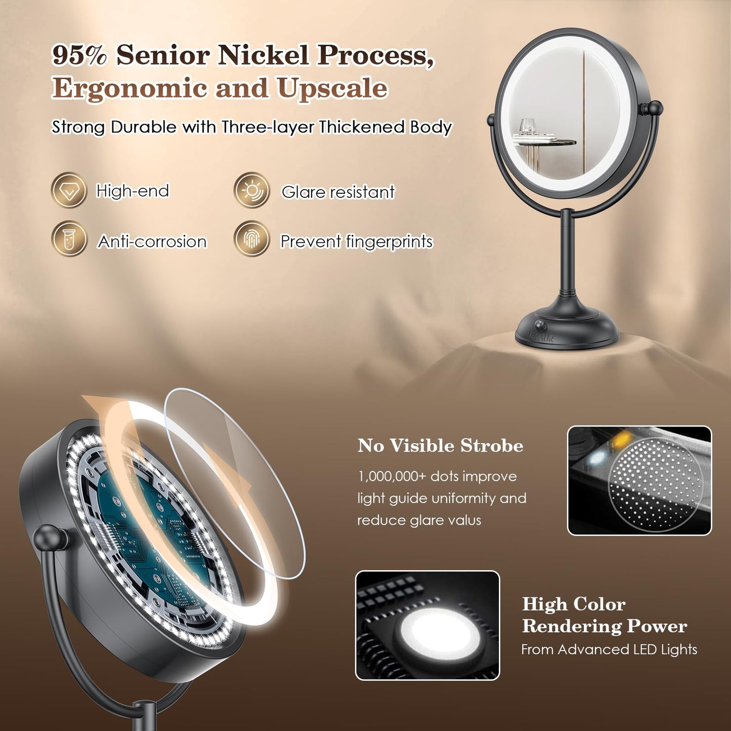 VESAUR Professional 8.5" Lighted Makeup Mirror, 1X/10X Double Sided HD Undistorted Magnifying Mirror with 3 Color 90 Dimmable LED lights, 360°