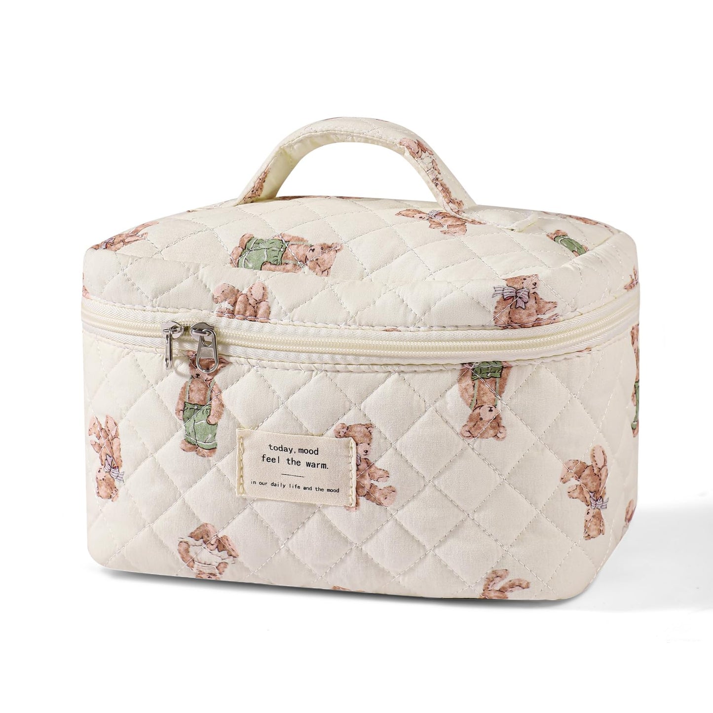 uekeboag Large Travel Quilted Makeup Bag for Women, Floral Cotton Cosmetic Bag, Coquette Aesthetic Floral Toiletry Organizer Bag (03White-Bear) Beauty and Personal Care uekeboag Default Title
