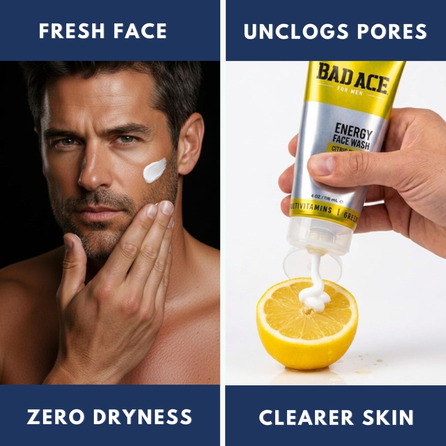 BAD ACE Energy Daily Face Wash | Korean Skin Care Formula Mens Face Wash for Dry Skin, Sensitive, Acne-Prone | Facial Cleanser for Men with Vitamins