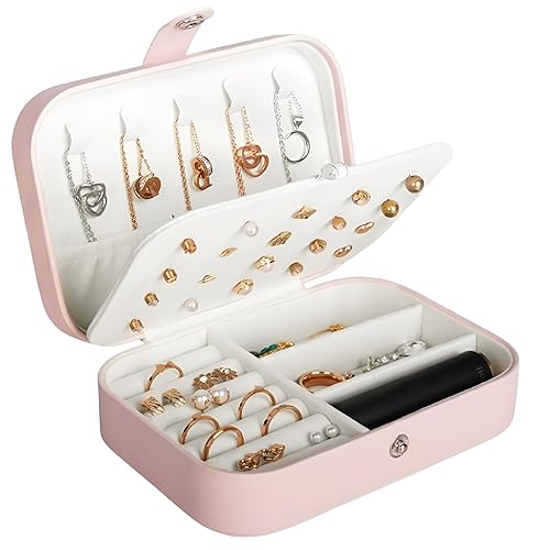 SNMMIFER Portable PU Leather Travel Jewelry Box, Small Organizer for Rings, Necklaces, Earrings, Pink