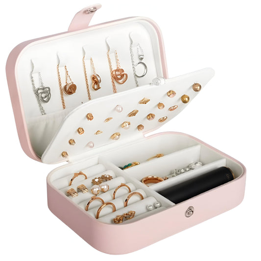 SNMMIFER Portable PU Leather Travel Jewelry Box, Small Organizer for Rings, Necklaces, Earrings, Pink