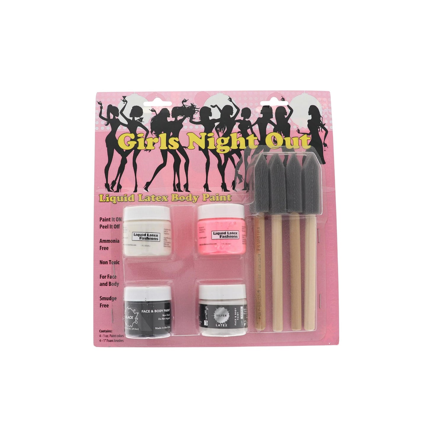 Girls Night Out Liquid Latex Body & Face Paint Kit - Four 1 fl oz (Pink • White • Silver • Black) + 4 Application Brushes - Body Art, Nightclub