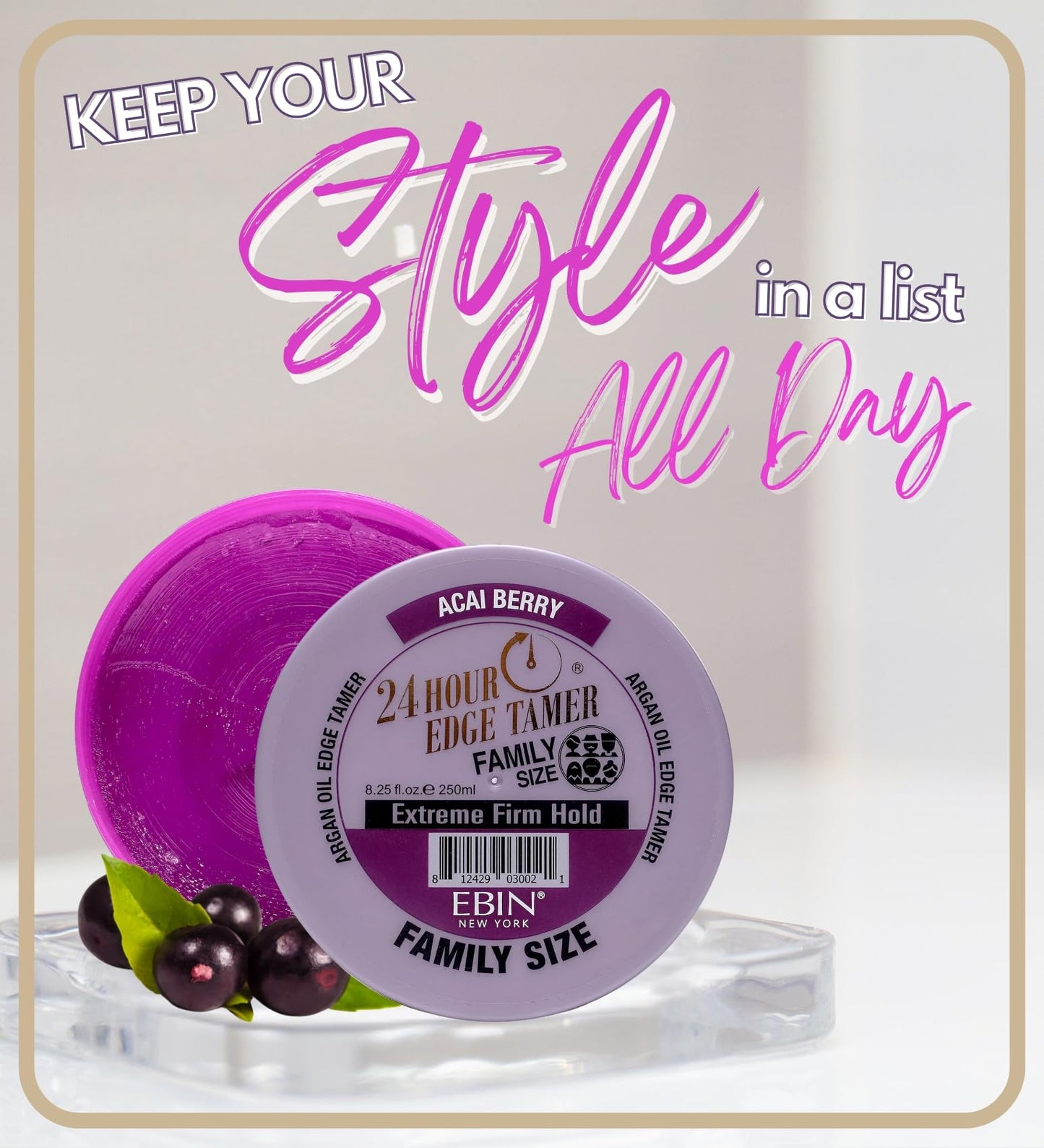 24 Hour Argan Oil Edge Tamer Refresh (8.25oz/ 250ml, Acai Berry) | Extreme Firm Hold, Smooths & Tames Frizz | No Flaking or Drying | High Shine, Long