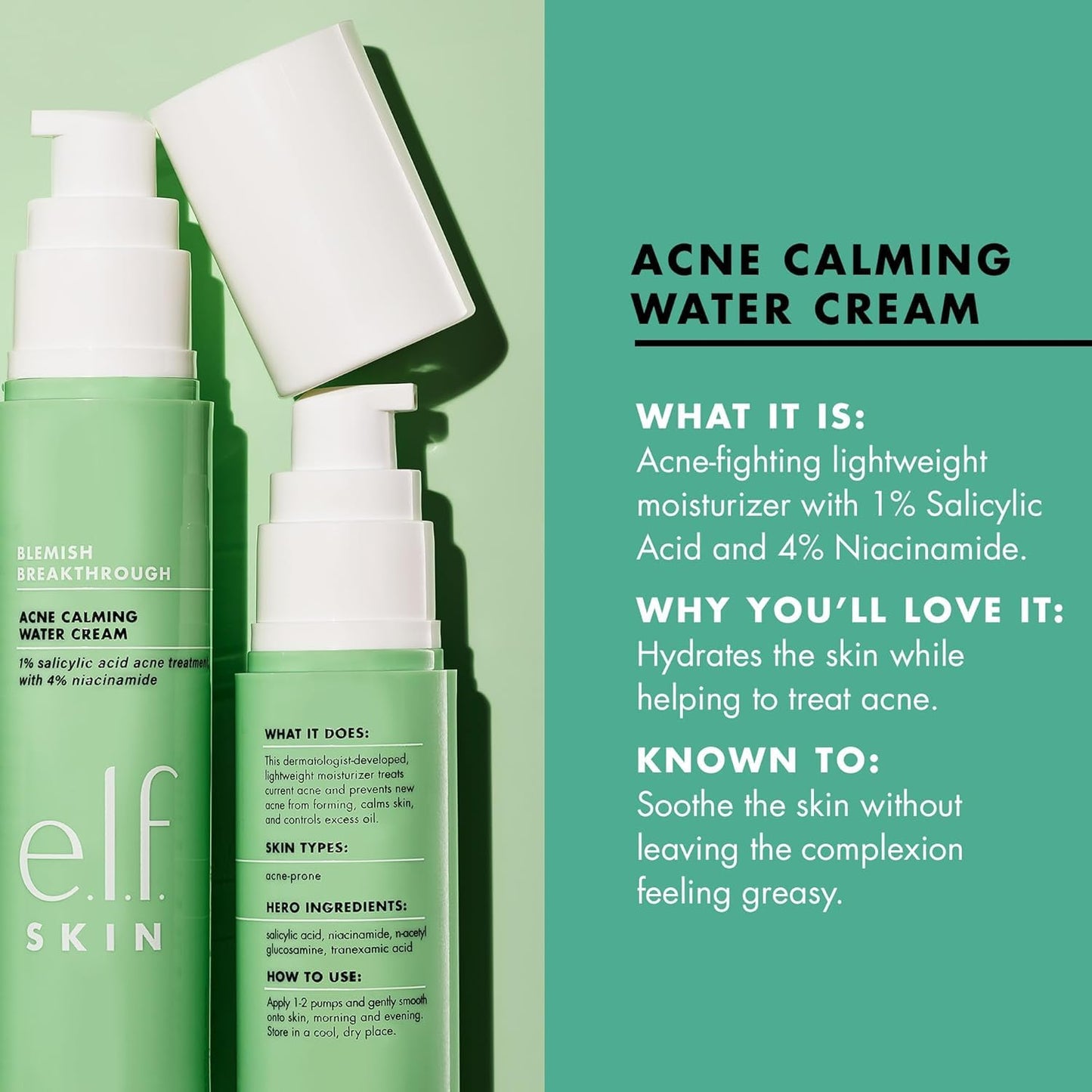 e.l.f. SKIN Blemish Breakthrough Calming Water Cream, Lightweight Blemish-Fighting Face Moisturiser, Prevents New Blemishes & Calms Skin