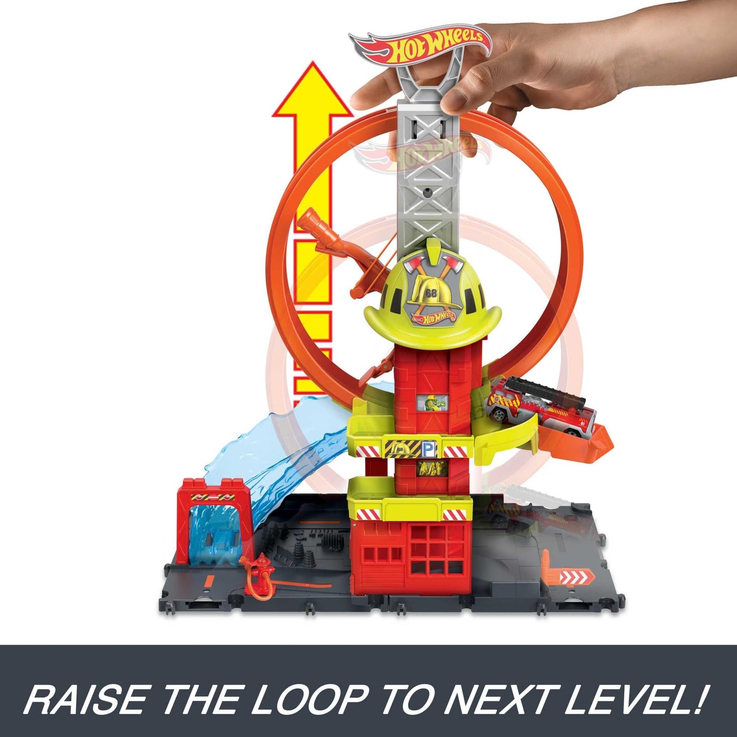 Hot Wheels City with 1 Toy Car, Kid-Powered Elevator, Water-Like Ramp, Track-Play Features, Connects to Other Sets, Fire Station with Super Loop…