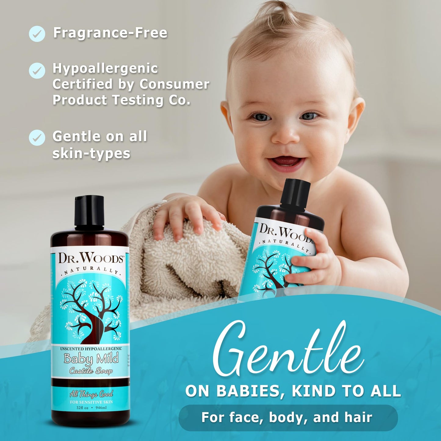 Dr. Woods Unscented Baby Mild Liquid Castile Soap - Natural Soap for Sensitive Skin, Gentle Cleanser with Hemp Oil and Vitamin E - Paraben, Sulfate