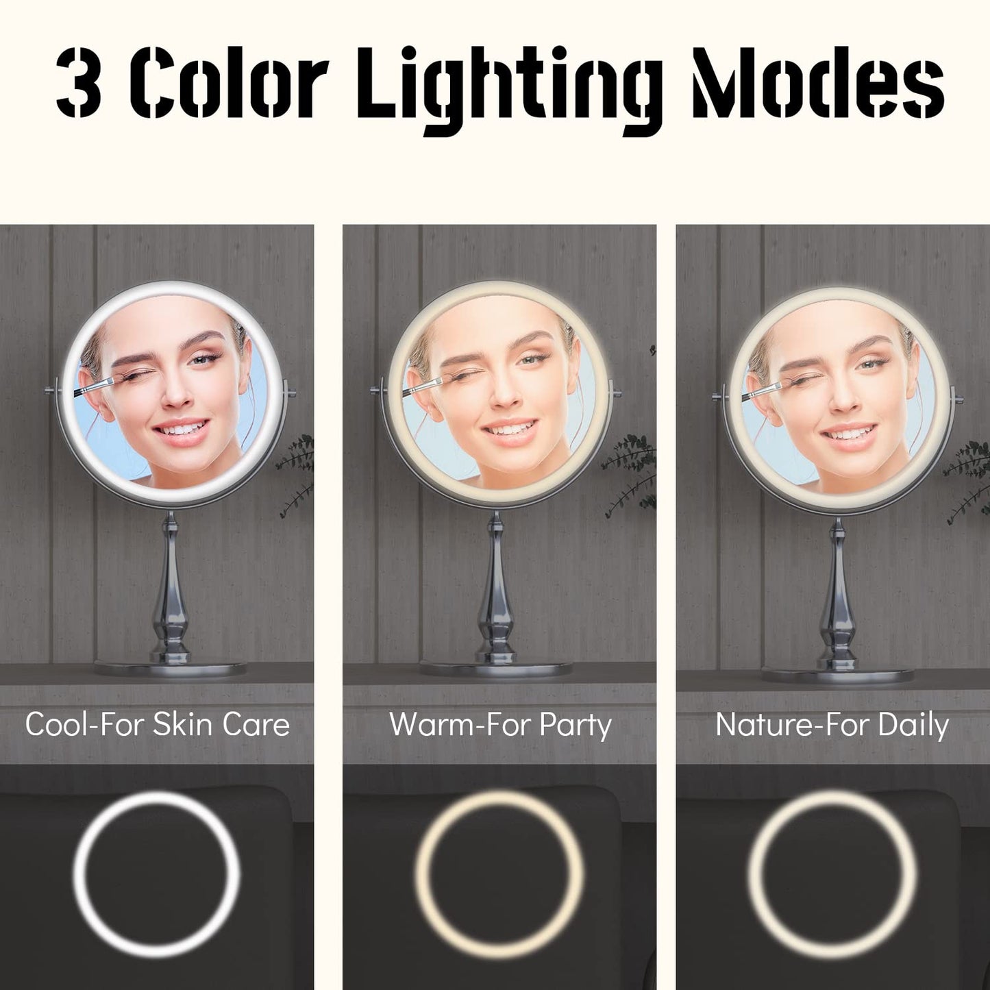 WIZCHARK 9" Large Lighted Makeup Mirror, 1X/10X Magnifying Vanity Mirror with 3 Colors Dimmable Lightning, 80 LED Lights, 360°Rotation Double Sided