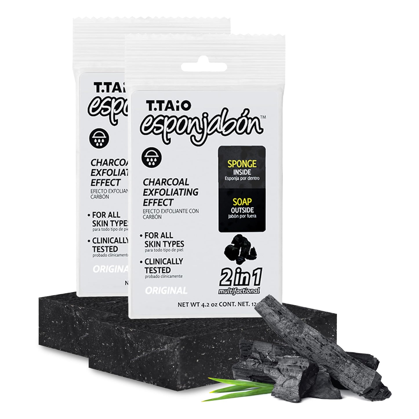 T.Taio Esponjabon Charcoal Soap Sponge - Cleansing Shower Scrubber - Cleaning Bath Wash Scrub - Oil Removal - Massage & Lather Foot, Elbow, & Face