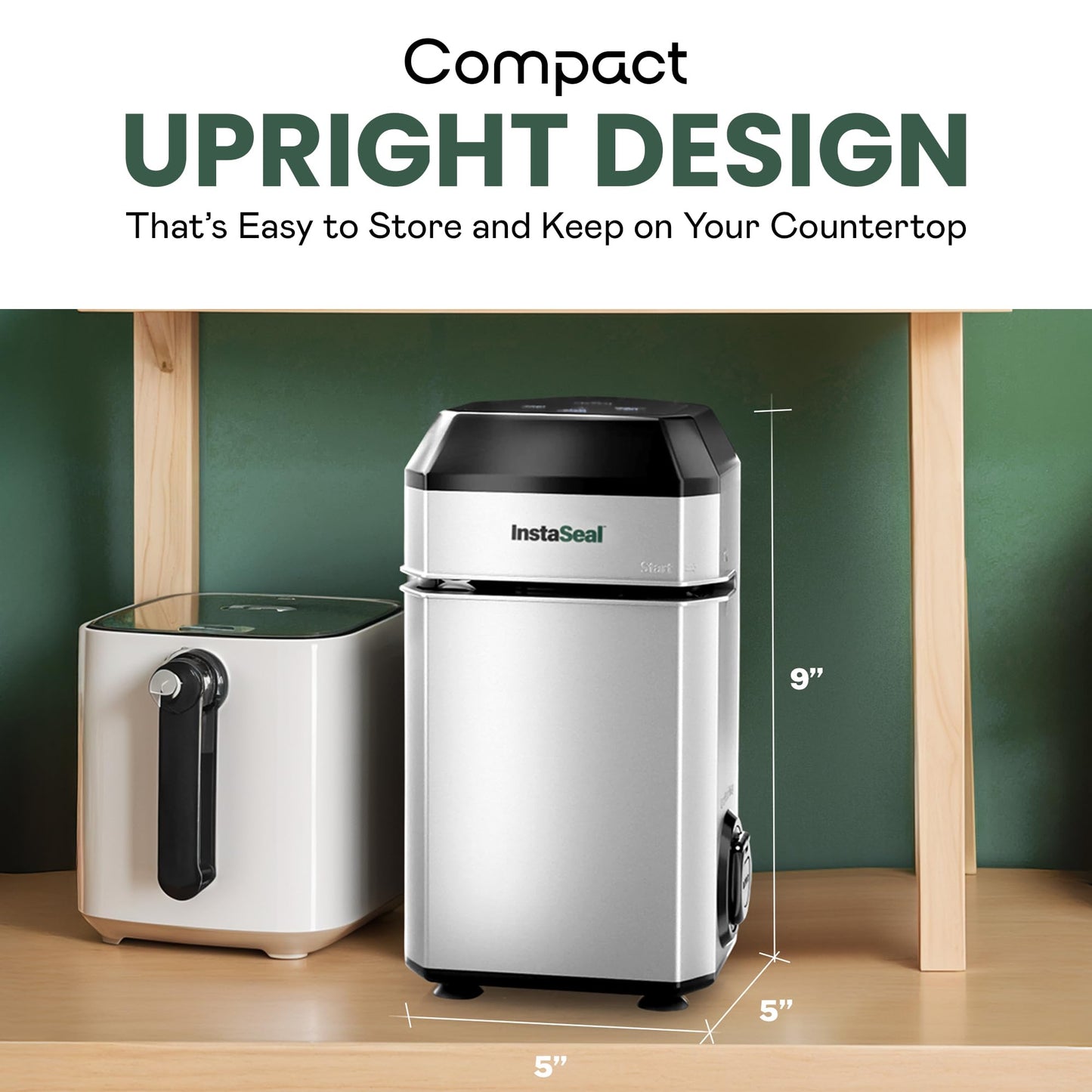 InstaSeal Vacuum Sealer for Food with 12 Bags, Preserves Foods 5x Longer, Space Saving Compact Upright Design Allows Machine to Seal Marinades…