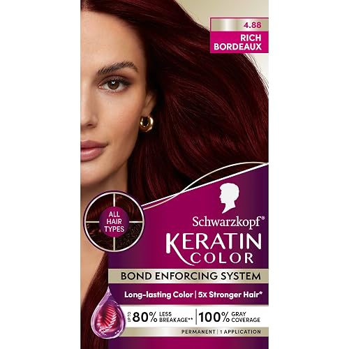Schwarzkopf Keratin Color Permanent Hair Color, 4.8 Rich Bordeaux, 1 Application - Salon Inspired Permanent Hair Dye, for up to 80% Less Breakage vs