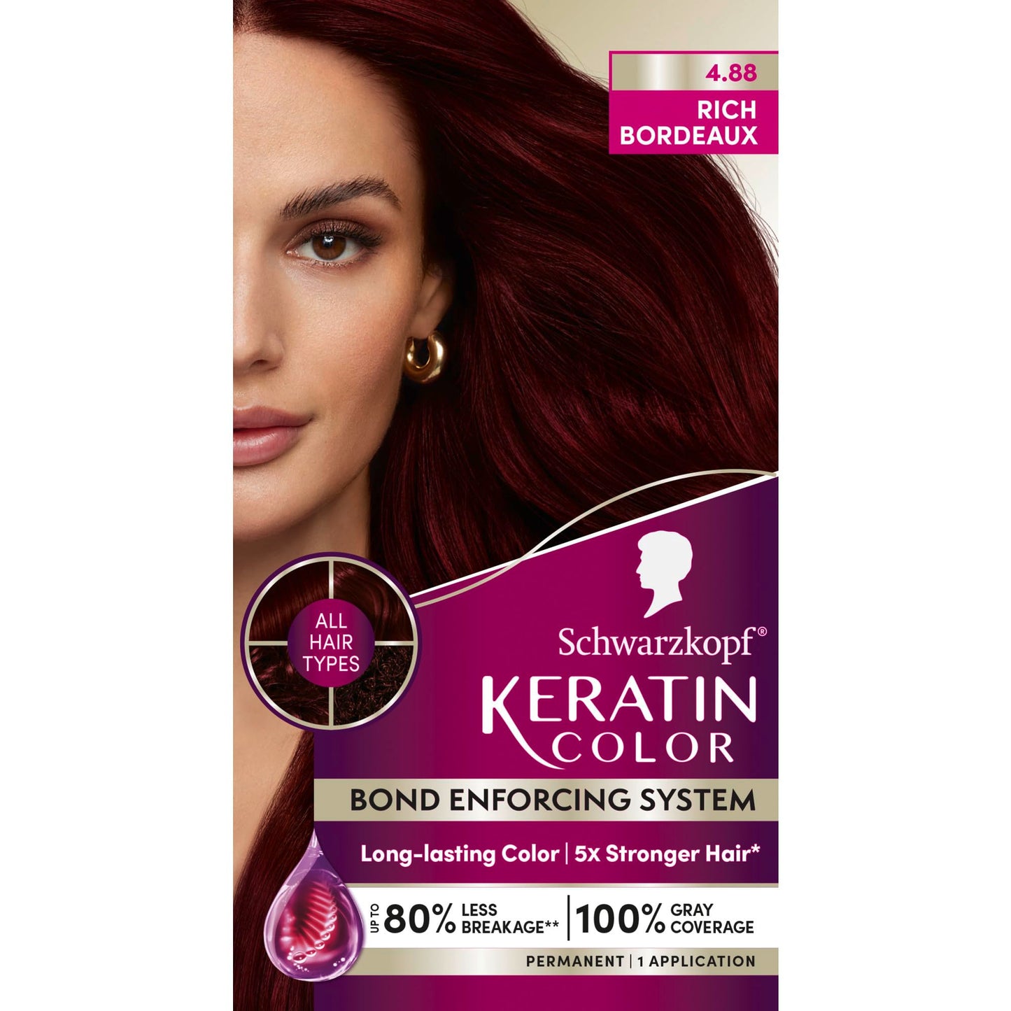 Schwarzkopf Keratin Color Permanent Hair Color, 4.8 Rich Bordeaux, 1 Application - Salon Inspired Permanent Hair Dye, for up to 80% Less Breakage vs