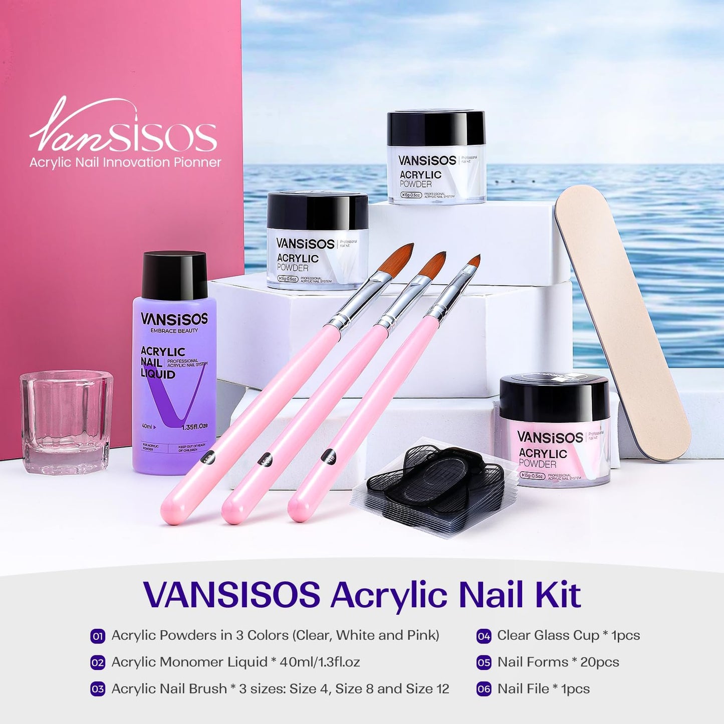 VANSISOS Acrylic Nail Kit for Beginners: Clear White Pink Powder and Liquid Set Professional Nails Kit Acrylic Set with Brushes for Home DIY Beauty and Personal Care VANSISOS