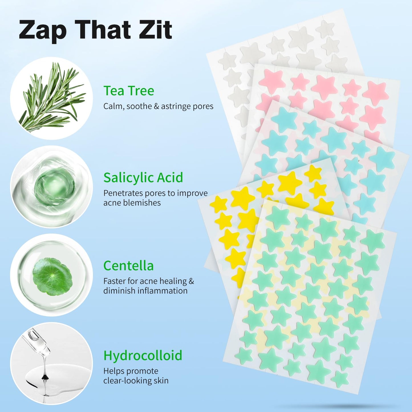 QUSTERE Pimple Patches for Face, Hydrocolloid Acne Patches, Cute Star Zit Covers, Colorful Spot Stickers with Tea Tree, Salicylic Acid & Cica Oil| 3