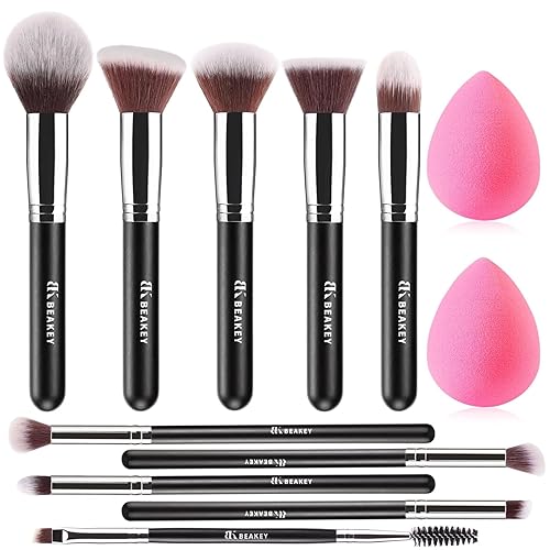 BEAKEY Makeup Brushes Set, Professional Foundation Eyeshadow Concealer Blush Powder Bronzer Applicator, 2 Blender Sponge with Beauty Paper