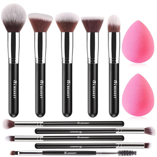 BEAKEY Makeup Brushes Set, Professional Foundation Eyeshadow Concealer Blush Powder Bronzer Applicator, 2 Blender Sponge with Beauty Paper