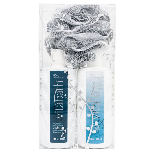 Vitabath Spa Skin Therapy Everyday Skincare Set Moisturizing Shower Gel Wash, Reviving Lotion & Exfoliating Body Scrubber Pouf - Refreshing Foam