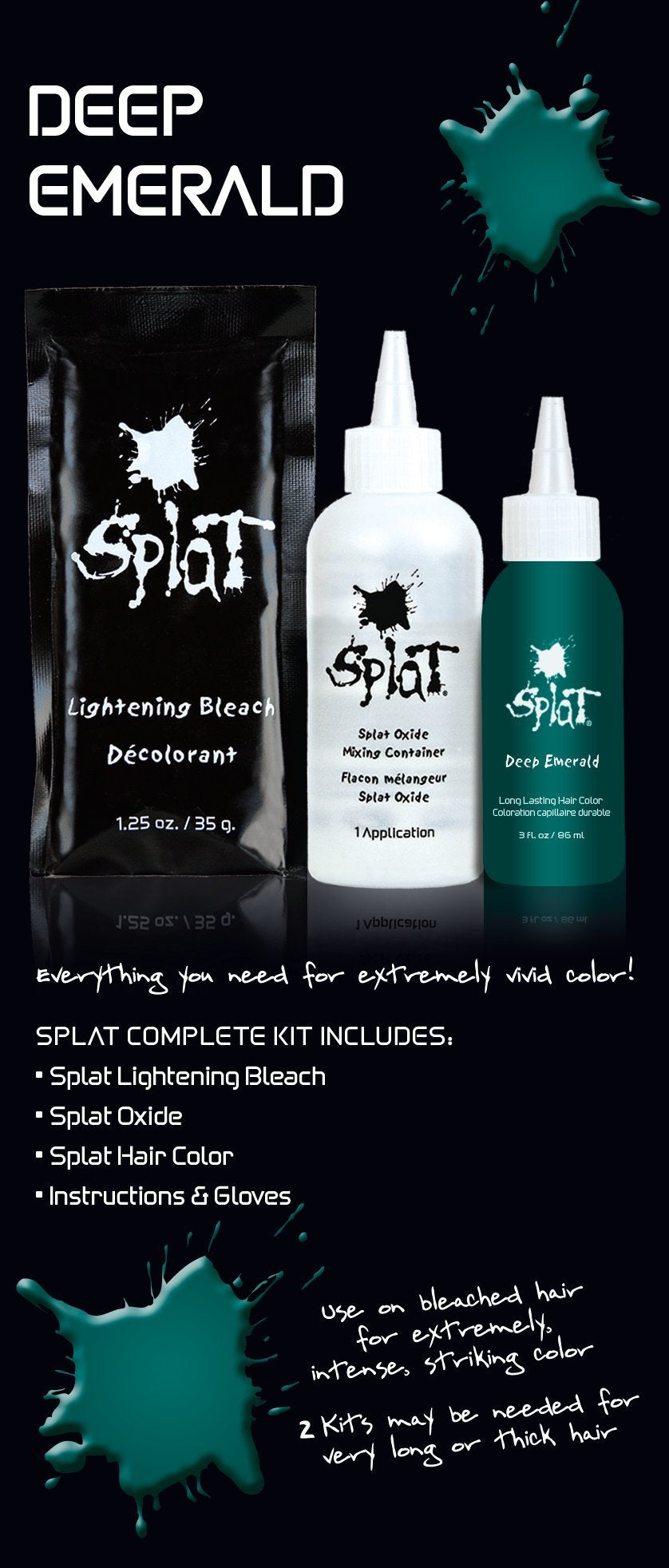 Splat Deep Emerald Semi Permanent Hair Dye Kit with Bleach, 1 Application, Includes Green Hair Dye, Oxide & Bleach Powder, Vegan & Cruelty Free Hair