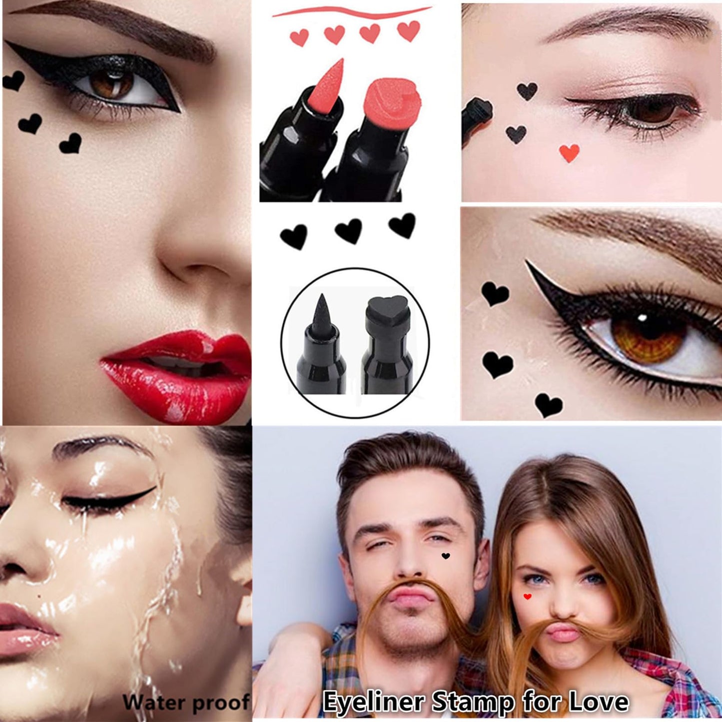 Go Ho 2 PCS Waterproof Liquid Eyeliner Stamps,Double-side Black&Red Smudge-proof Eye Liner,Heart Stamp Eyeliner for Halloween Costumes