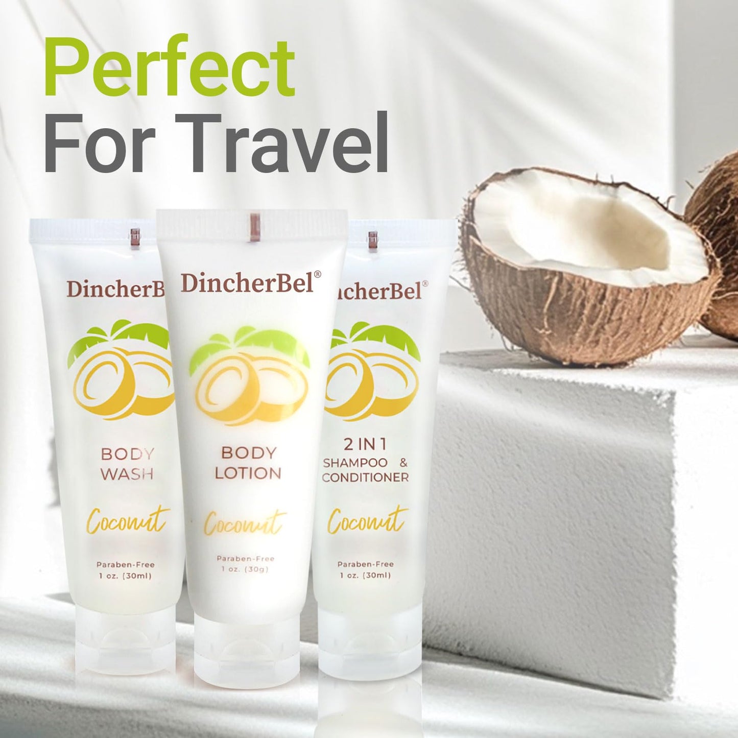 Travel Size Toiletries Kits, Bulk Mini Hotel Guest Amenities (Tropical Coconut, 1oz each), 3-Piece Sets Refreshing Coconut Scent - 50 Shampoo