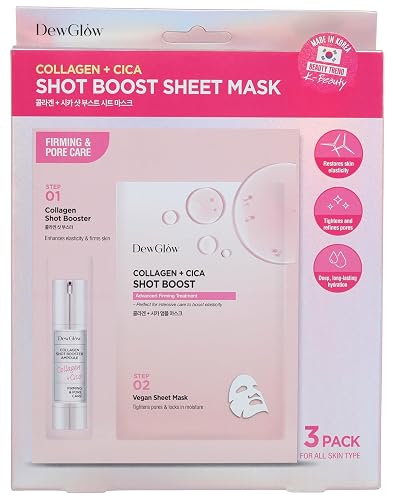 DewGlow Collagen + Cica Shot Boost Sheet Mask, Firming and Pore Care, 2-Step, 3 Pack