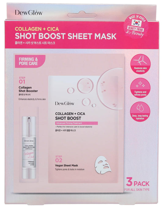 DewGlow Collagen + Cica Shot Boost Sheet Mask, Firming and Pore Care, 2-Step, 3 Pack Beauty & Personal Care DewGlow