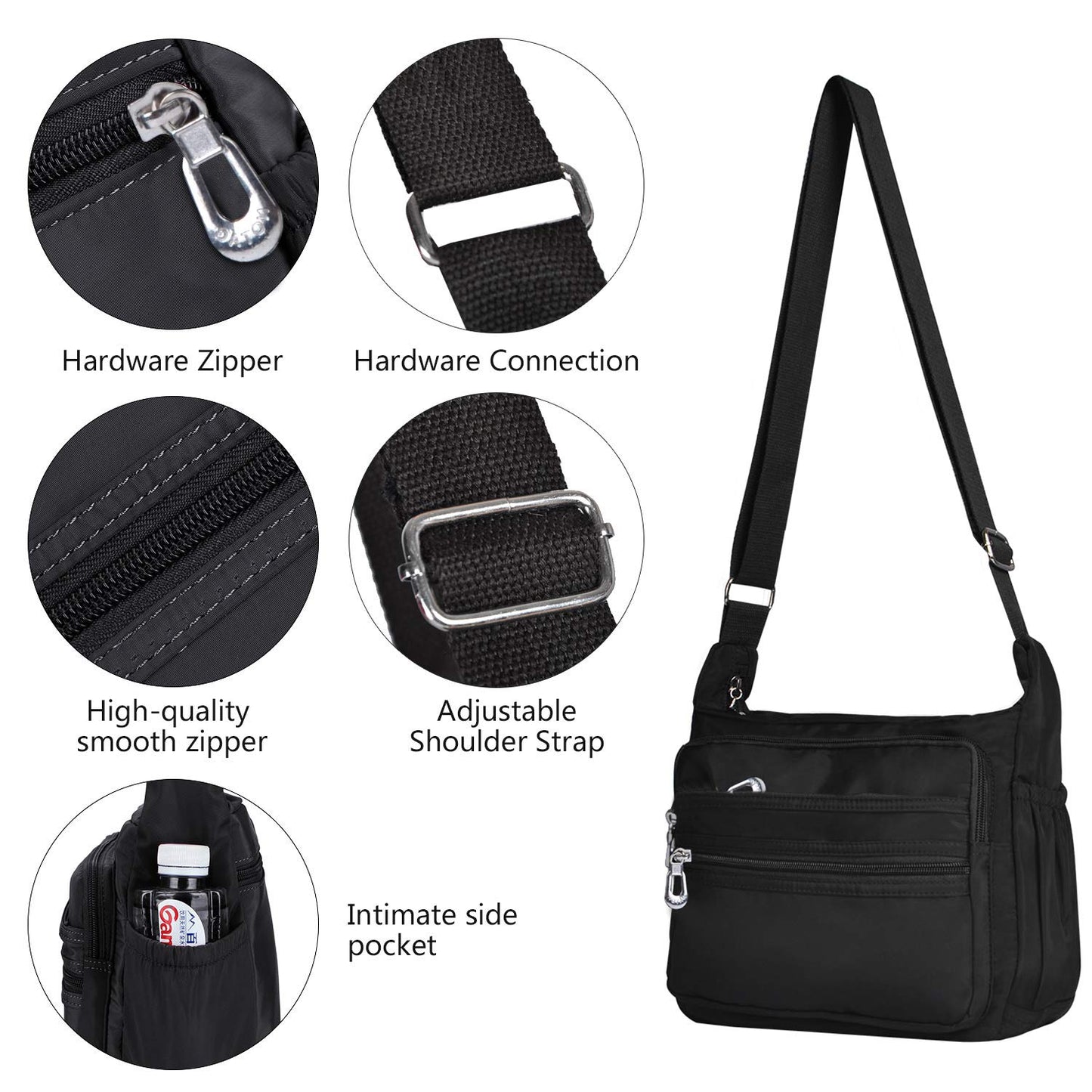 NOTAG Crossbody Bag for Women Waterproof Shoulder Bag Messenger Handbags Casual Nylon Purse Handbag (Large, Black)