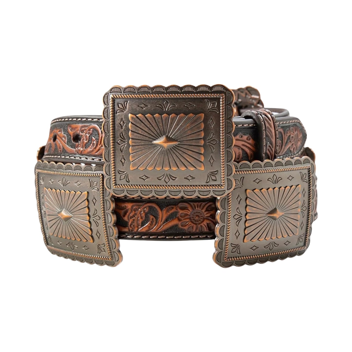 ARIAT Women's Floral Embossed Scalloped Concho Leather Belt, Brown, Large