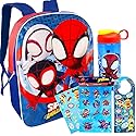 Spiderman Backpack for Boys 4-8yrs w/Padded Straps & Large Compartment - Kindergarten Backpack for Boys, Includes Spidey Water Bottle, 3D Puffy Stickers & More - Toddler Spiderman Backpack, Medium
