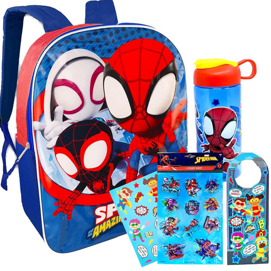 Spiderman Backpack for Boys 4-8yrs w/Padded Straps & Large Compartment - Kindergarten Backpack for Boys, Includes Spidey Water Bottle, 3D Puffy Stickers & More - Toddler Spiderman Backpack, Medium