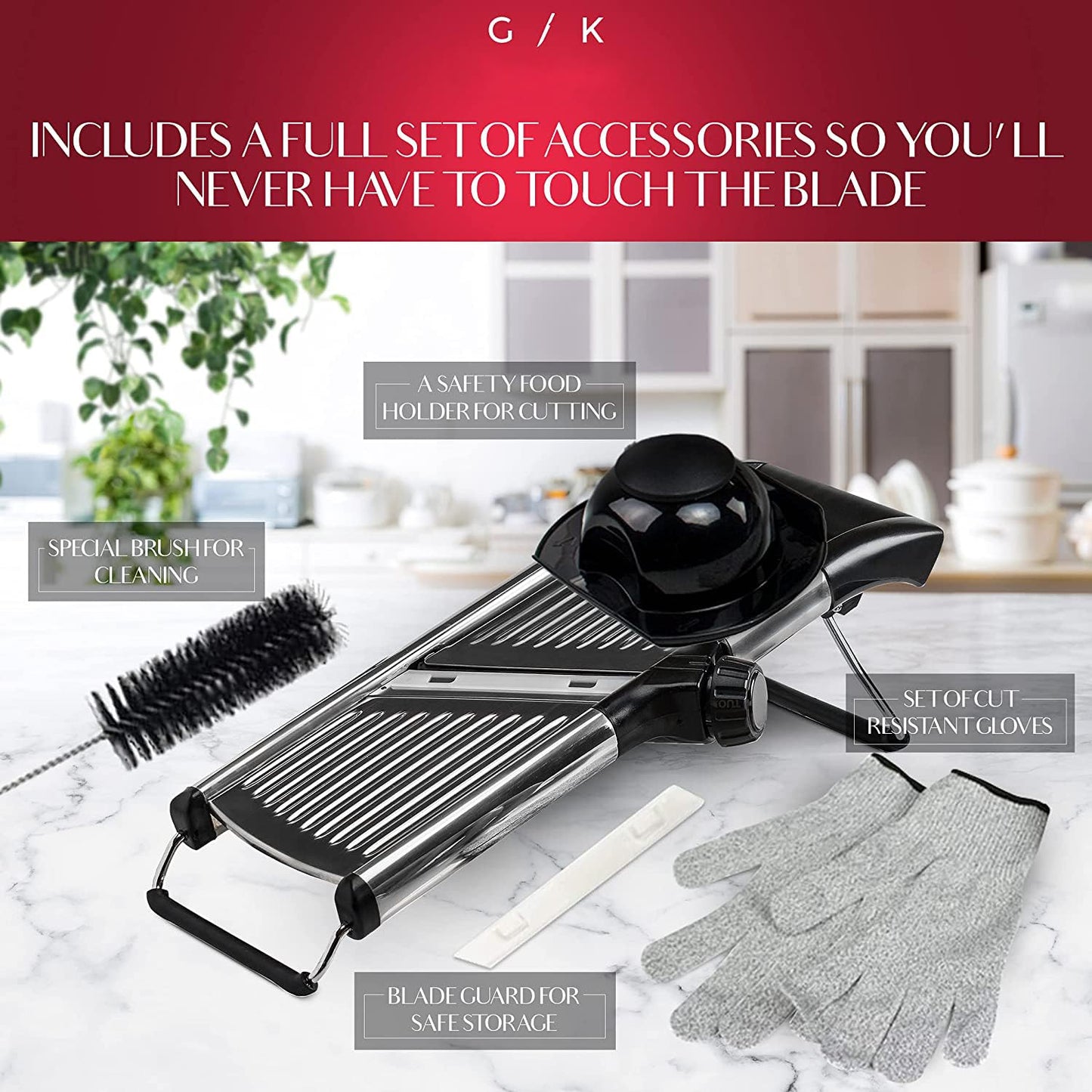 Gramercy Adjustable Mandoline Slicer – Stainless Steel Vegetable & Fruit Cutter with 1 Pair Cut-Resistant Gloves for Kitchen