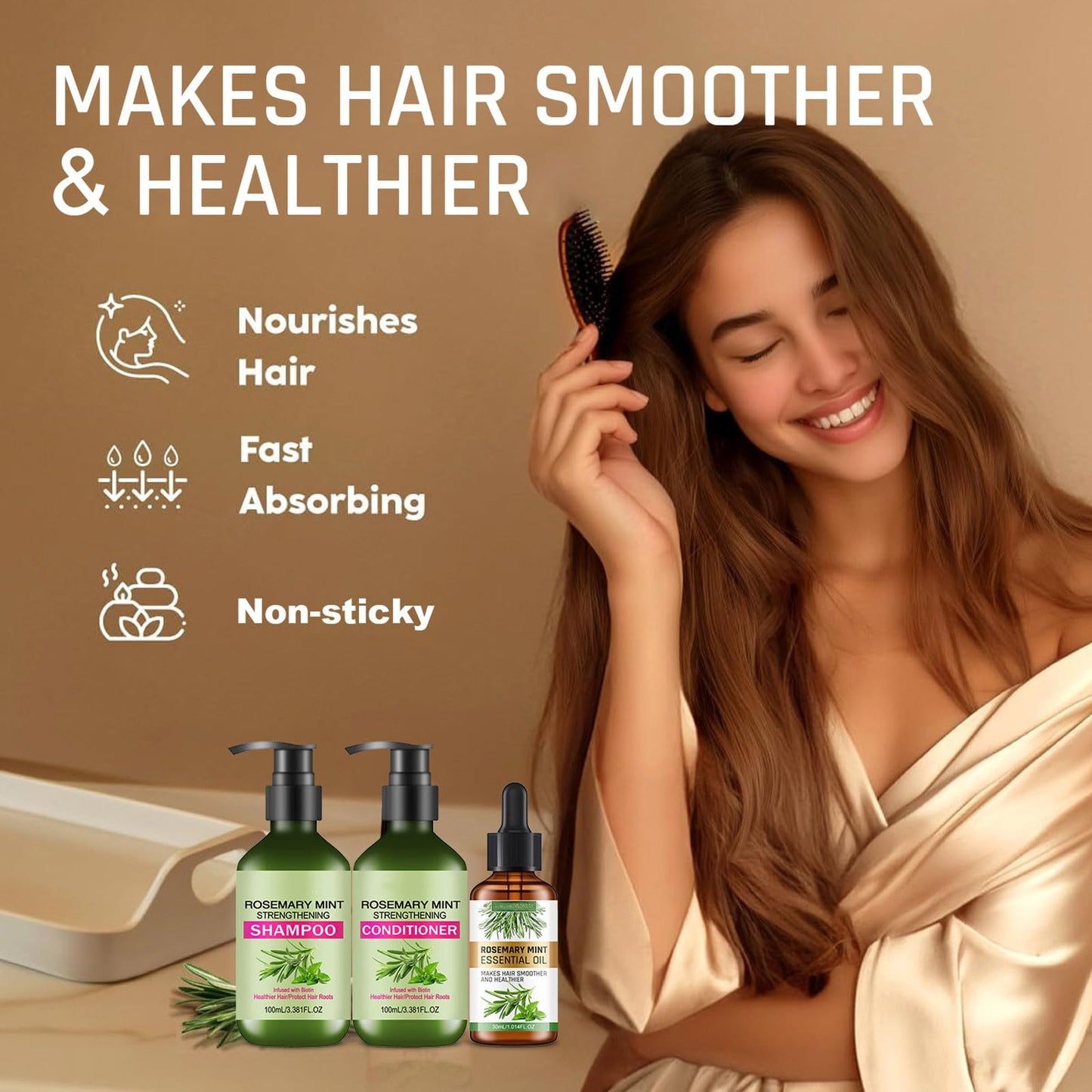Rosemary Mint Strengthening Shampoo and Conditioner with Hair Oil, Rosemary Hair Treatment Set For Strengthens Hair, Nourish & Smooth for Thin Hair