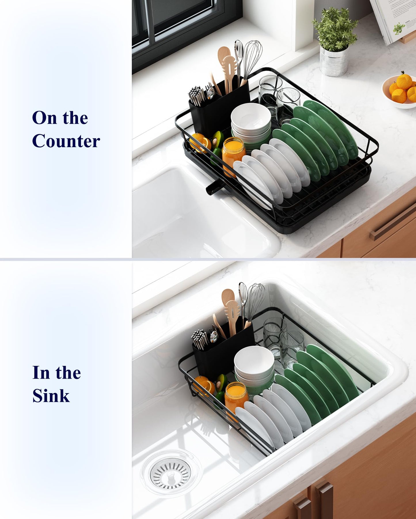 Kitsure Dish Drying Rack for Kitchen Counter, Stainless Steel with Cutlery Holder, Sink Organization & Storage, 12"x15.5", Black