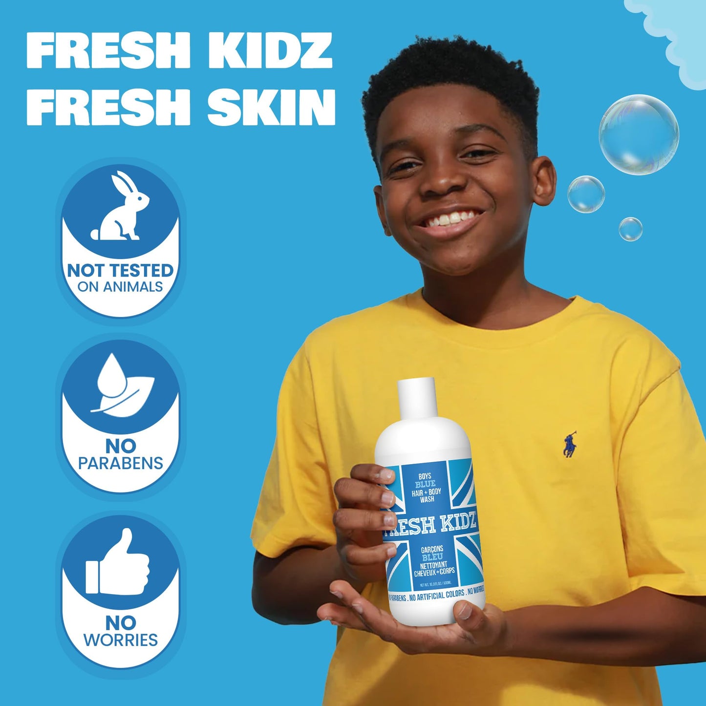 Fresh Kidz Hair & Body Wash for Kids and Teens - Gentle Bath and Shower Cleanser for All Skin Types - Boys Blue, 16.9 Fl.Oz.