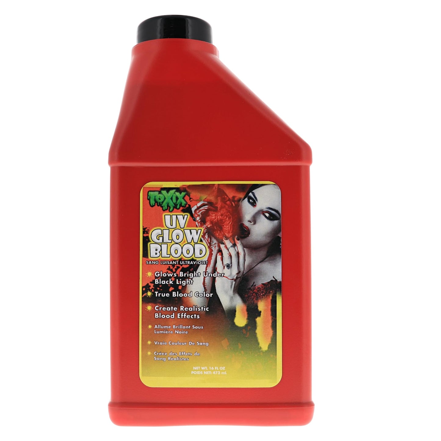 TOXIX UV Fake Blood - 16 fl oz GLOWS Under Blacklight Red Fake Blood for Halloween, SFX Makeup, Cosplay, Safe, Washable, SHAKE WELL BEFORE EACH USE!