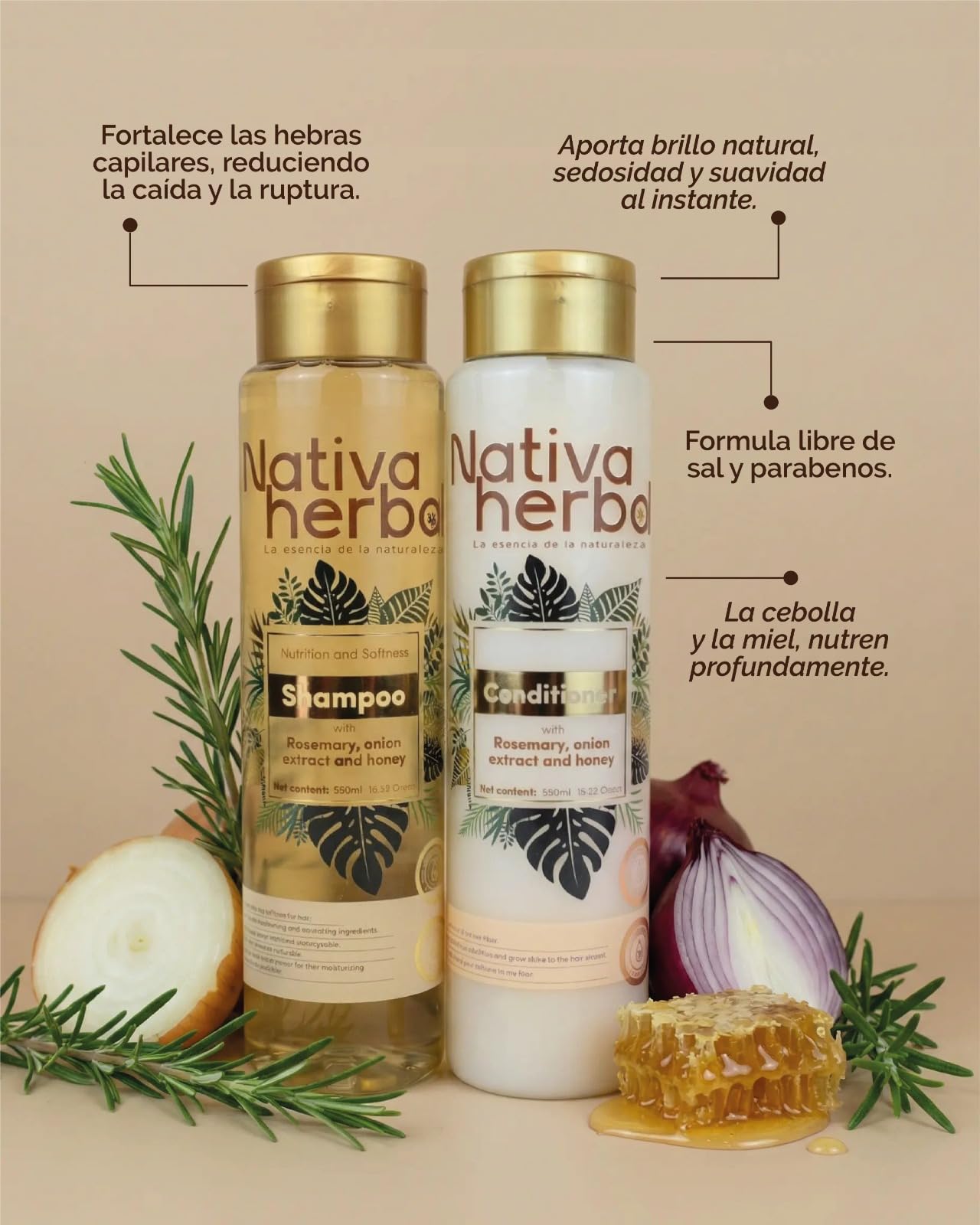Nativa Herbal Rosemary and Onion Shampoo & Conditioner - Hair Growth and Anti Hair Loss Set, Organic 18.5 fl oz Each, Strengthens Roots, Restores