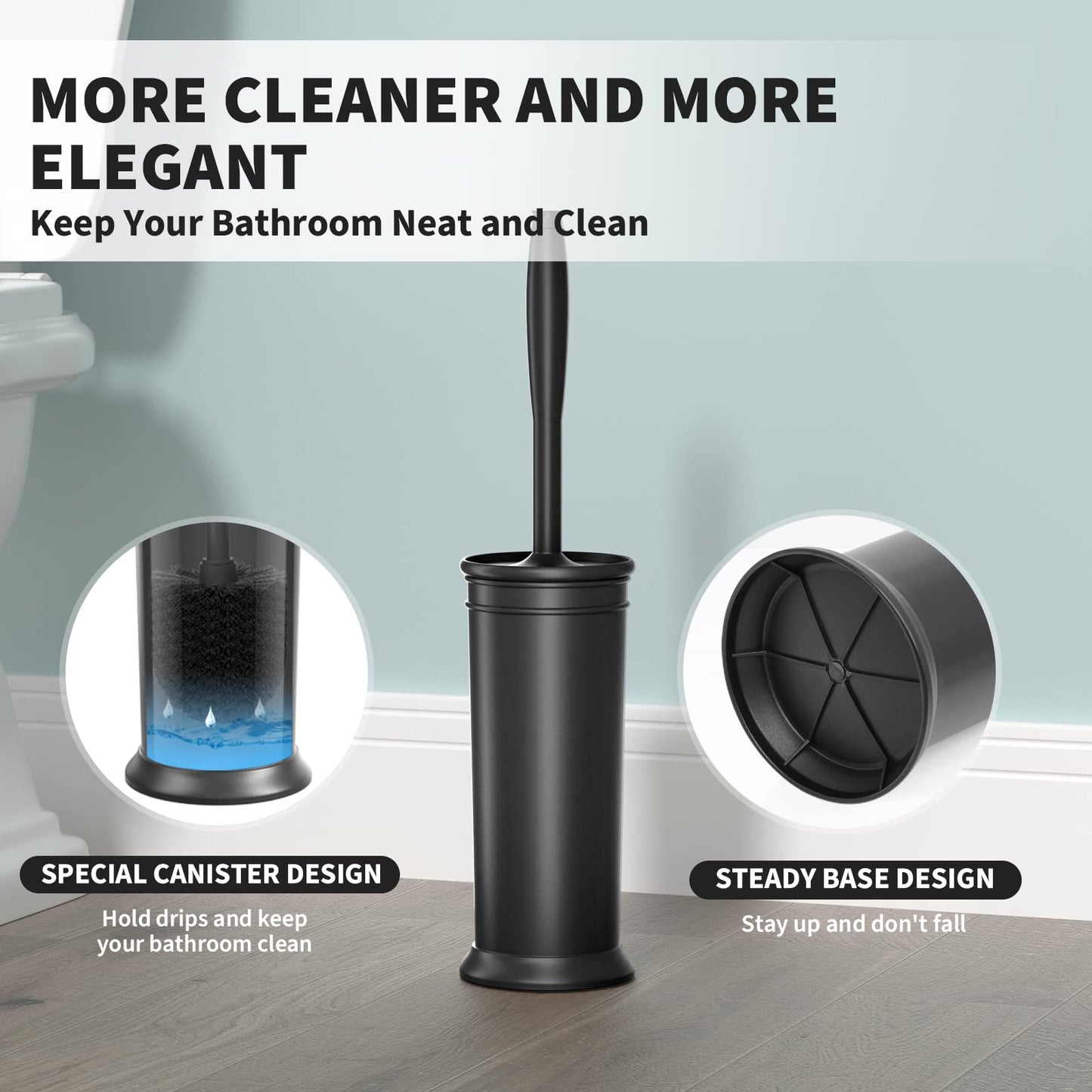 UPTRONIC Toilet Brush Set with Extra Long Handle & Durable Bristles, Covered Holder for Bathroom Cleaning, Black, 1 Set