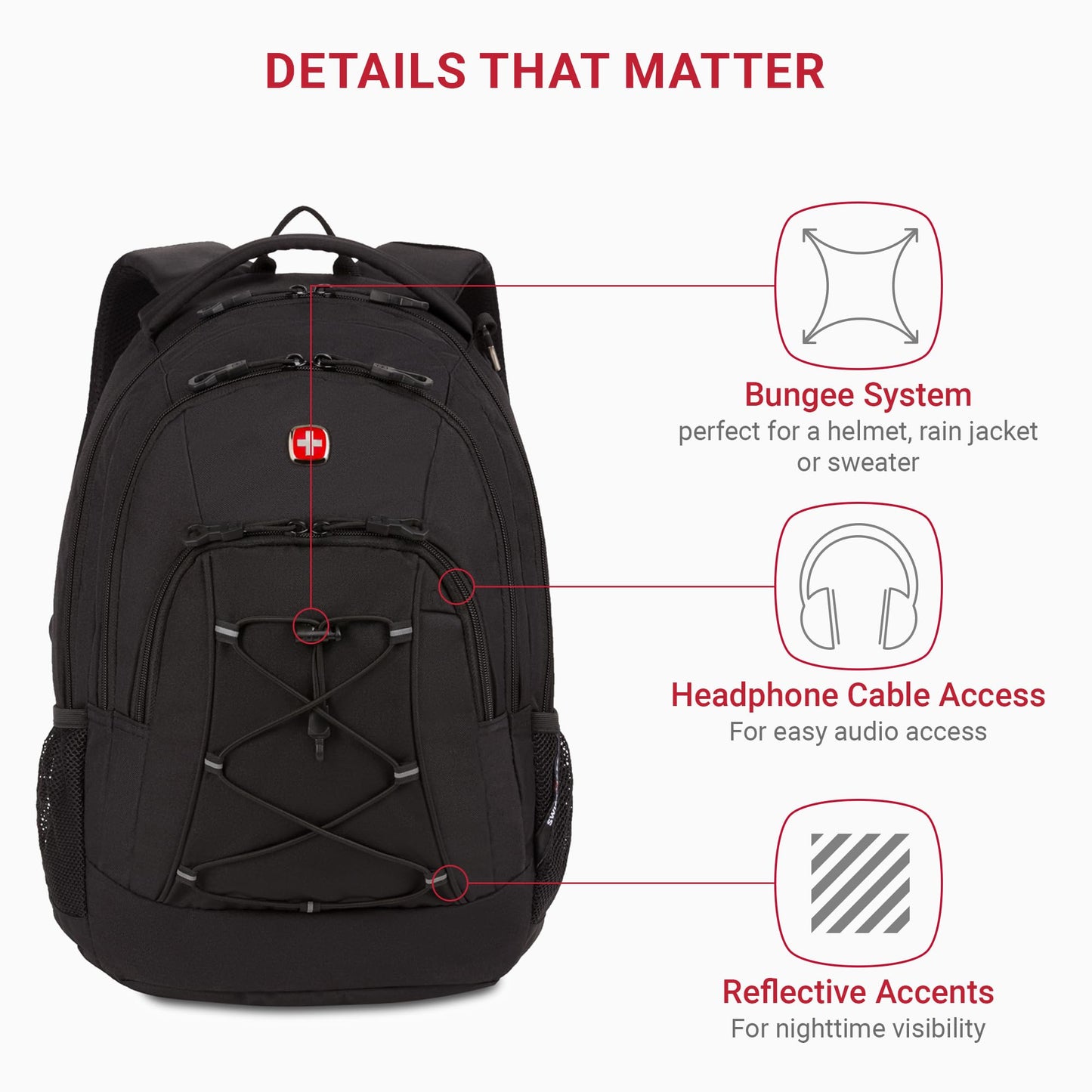 SwissGear 1186 Special Edition 13” Laptop Backpack Black - Compact Tech Bag with Reflective Accents - Multiple Organizer Pockets with Bungee Cords & D-ring Attachment Point