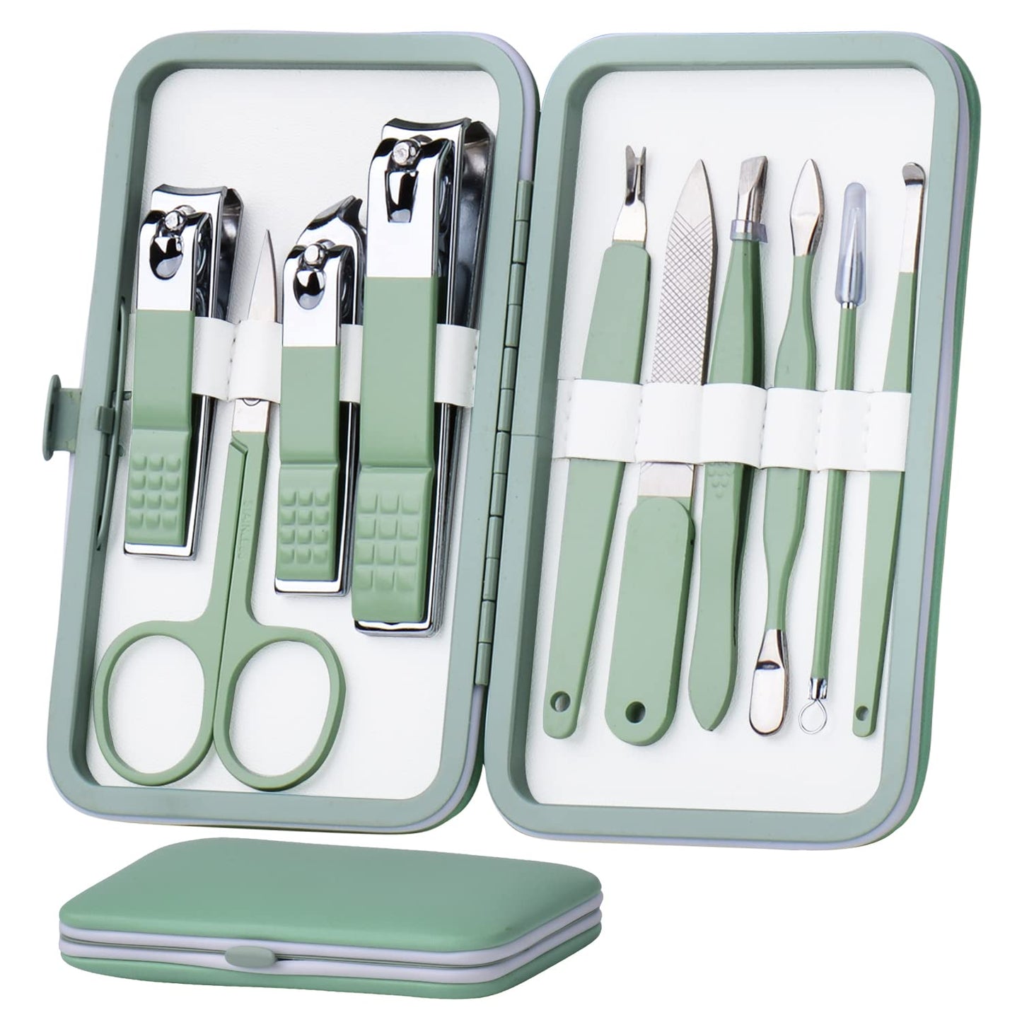 HANTEKAS Manicure Set 10 in 1 Stainless Steel, Nail Clippers Scissors Pedicure Tools Kit - Portable Travel Grooming Kit for Men and Women with Leather