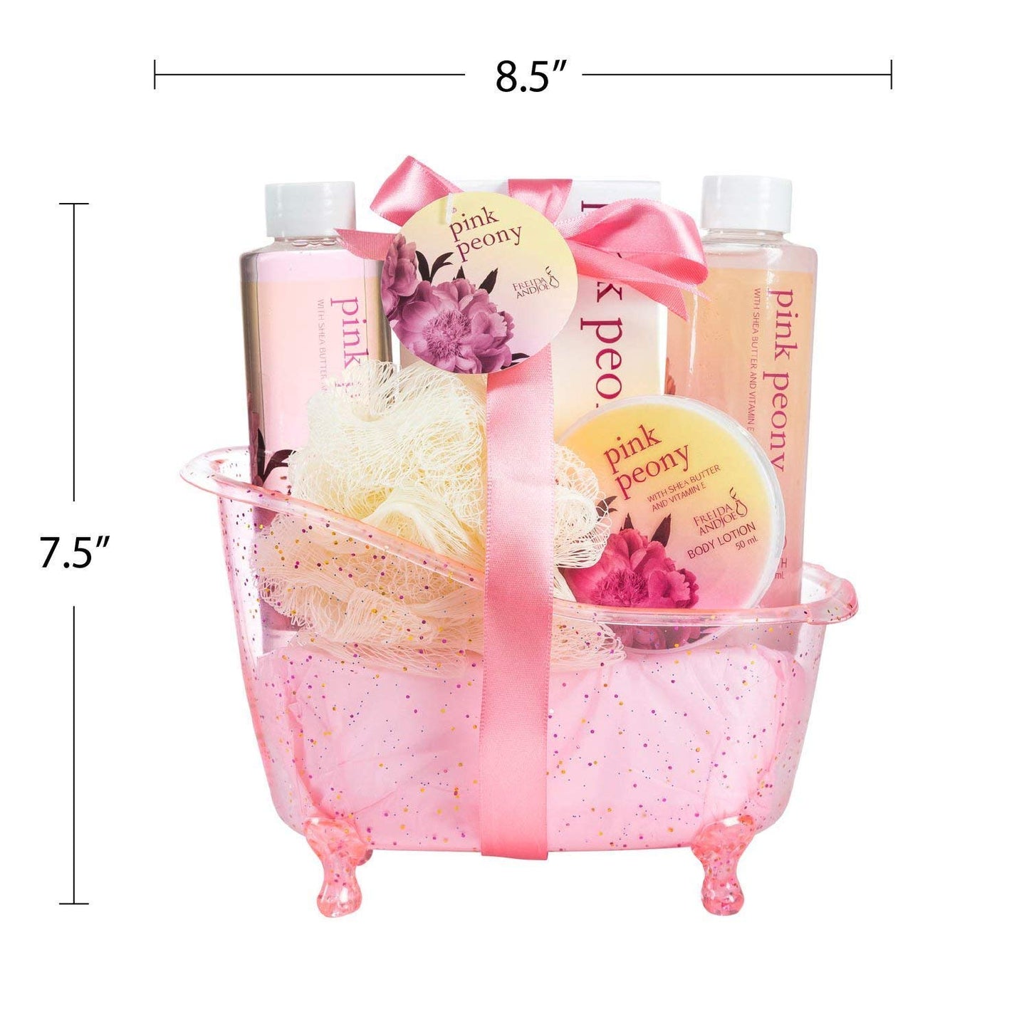 Home Spa Gift Basket Peony Spa Set For Women, Contains Shower Gel, Bubble Bath, Body Lotion, Peony Bath Salt & Puff in a Pink Feminine Tub - Mother's