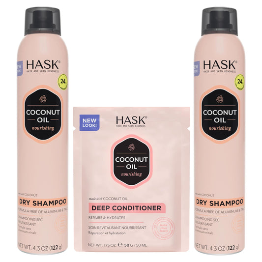 HASK Dry Shampoo Duo (4.3oz-Qty 2) & Deep Conditioner Packette, Aluminum-Free, Sulfate-Free, Paraben-Free, Color Safe, for All Hair Types (Coconut) Beauty & Personal Care HASK