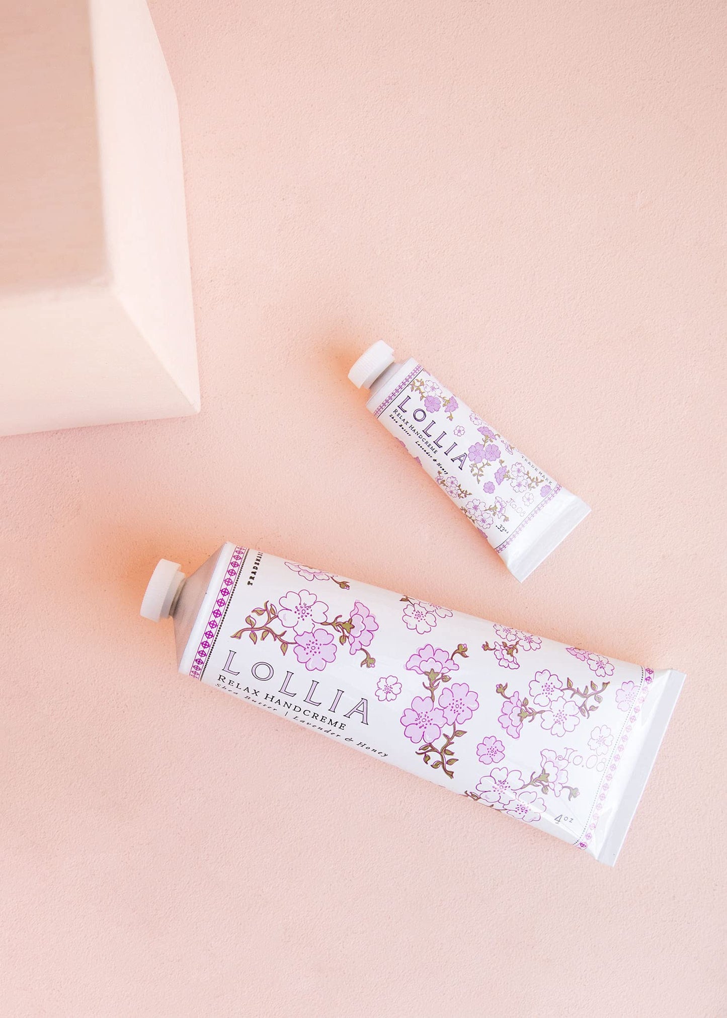 LOLLIA Relax Handcreme Bundle, 4 oz. & .33 oz. - Lavender & Honey - Scented Hand Cream for Women, Moisturizing Hand for Dry Hands, Shea & Cocoa