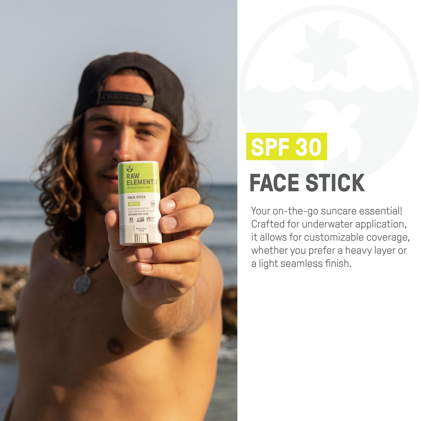 Raw Elements Face All-Natural Mineral Sunscreen Stick, Non-Nano Zinc Oxide, 95% Organic, Water-Resistant 80 Min, Reef Safe, All Ages Safe, SPF 30+