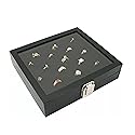 Novel Box Ring Display Glass Case Black 8.25x7.25x2 Inches with 36-Slot Black Ring Foam Insert - Travel Ring Case with Metal Clasp - Jewelry Box…