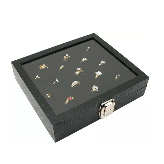 Novel Box Ring Display Glass Case Black 8.25x7.25x2 Inches with 36-Slot Black Ring Foam Insert - Travel Ring Case with Metal Clasp - Jewelry Box…