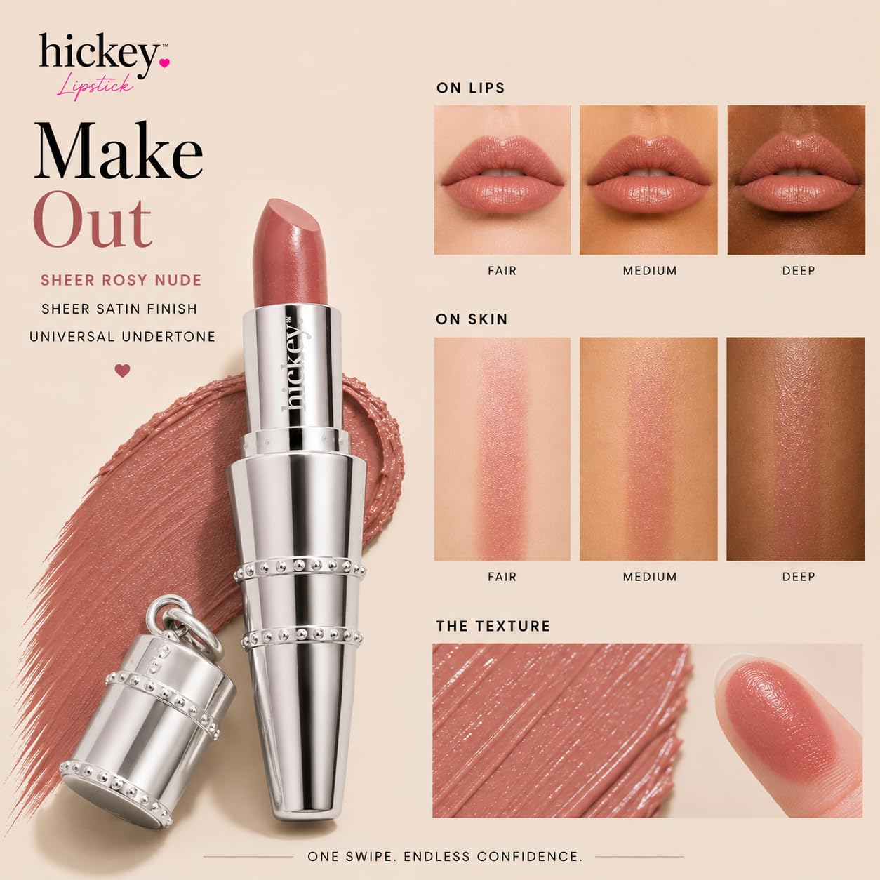 Hickey Refillable Pendant Lipstick, Make Out[Sheer Mauve Nude] - Wearable Satin Lip Color on a Chain, Refillable Clean Beauty, Full Lipstick Included