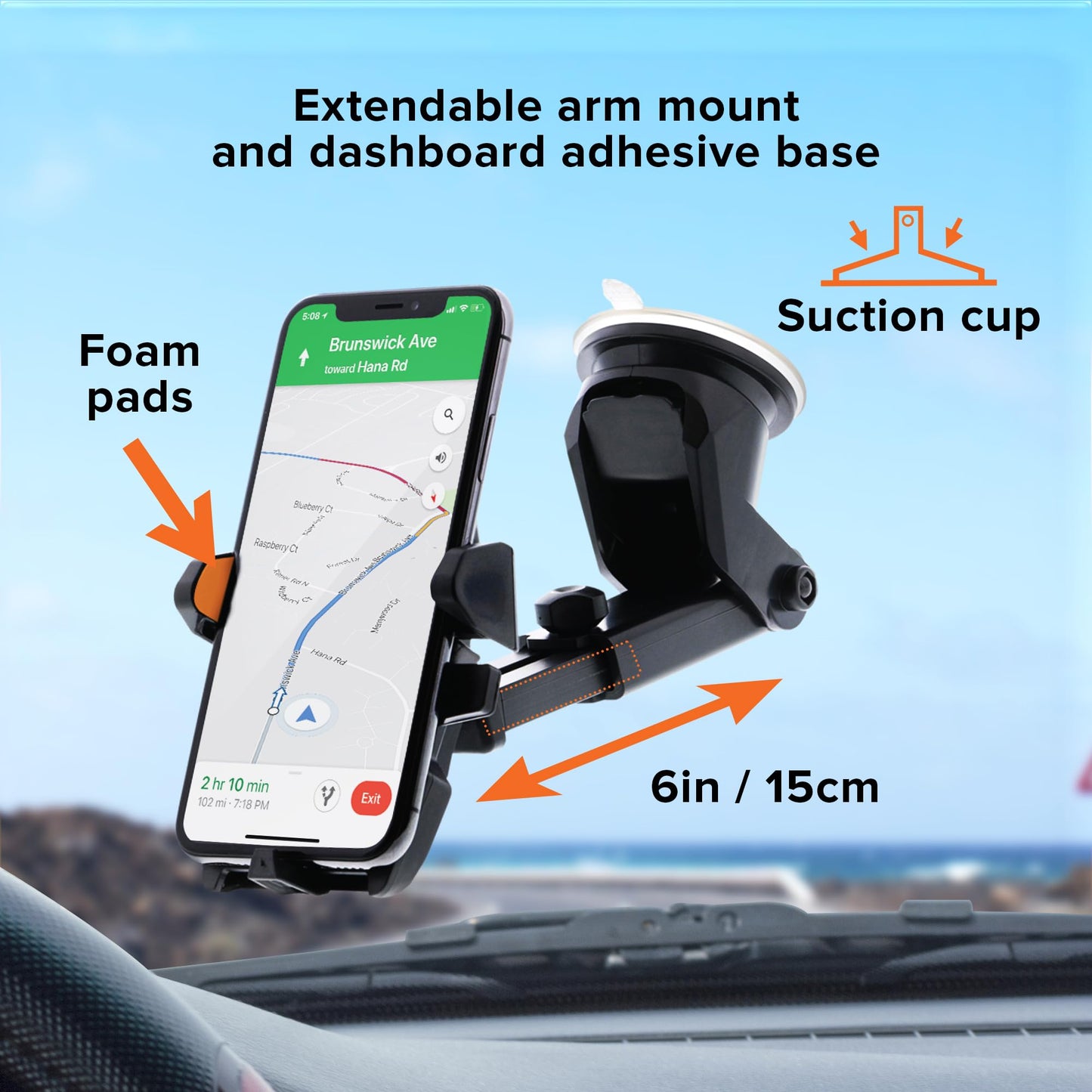 Armor All Phone Mount for Cars, Suction Dashboard & Windshield Phone Holder, 6 Inch Extendable Arm, 360° Rotation, Fits iPhone Max, Android, and All…