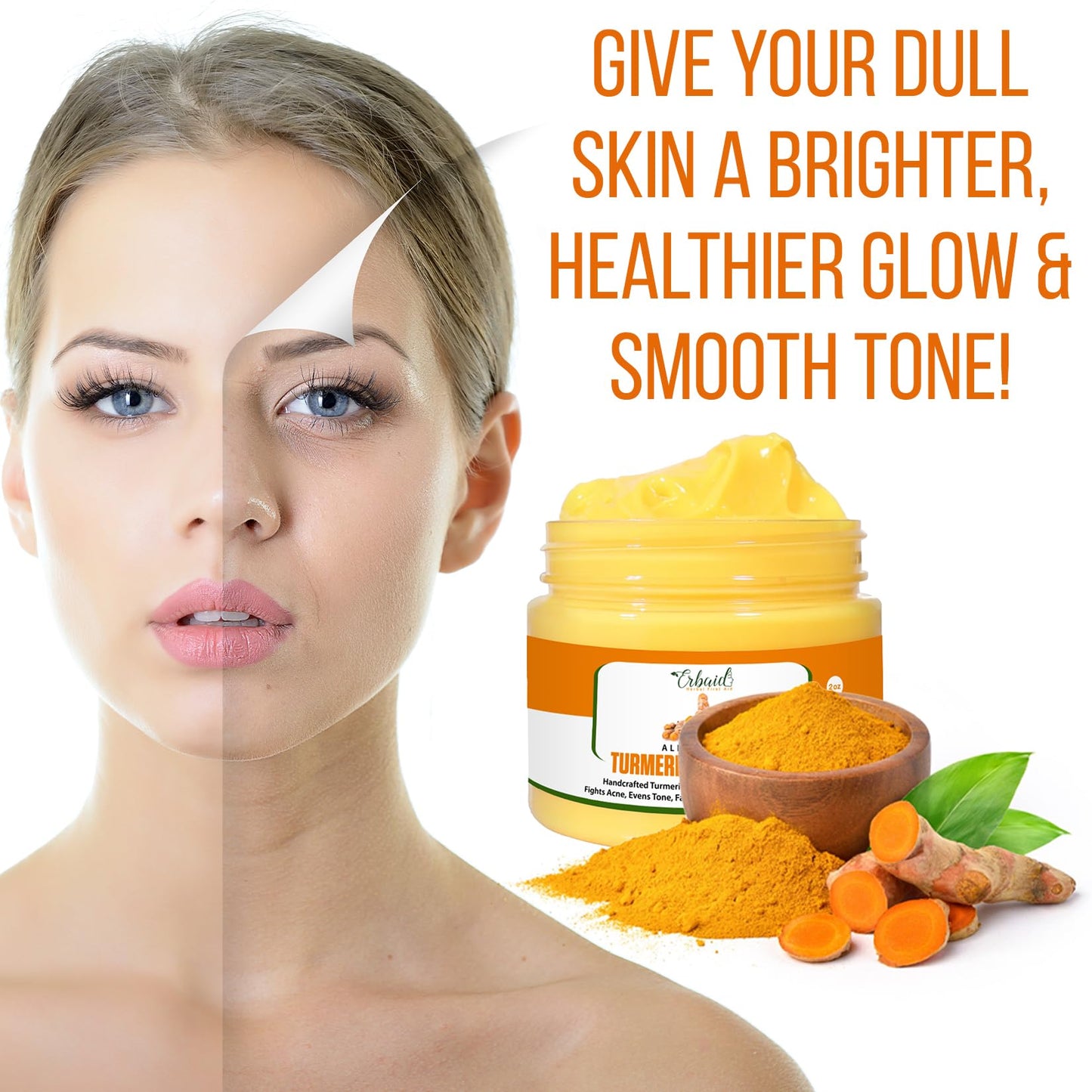 Erbaid Turmeric Face Cream for Face & Body - All Natural Turmeric Skin Brightening Lotion - Turmeric Cleanses Skin, Fights Acne, Evens Tone, Fades